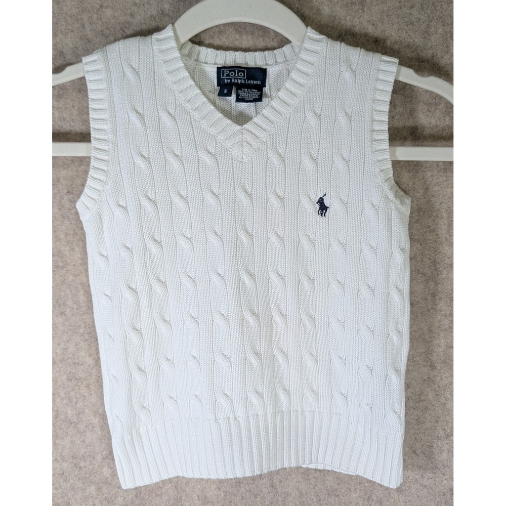 Polo Ralph Lauren Kids Size 5 White Ivory Cable Knit Sweater Vest Pony Preppy